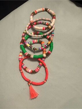 Bracelet Set - Bright Heishi Bead Striped Summer Beachy .